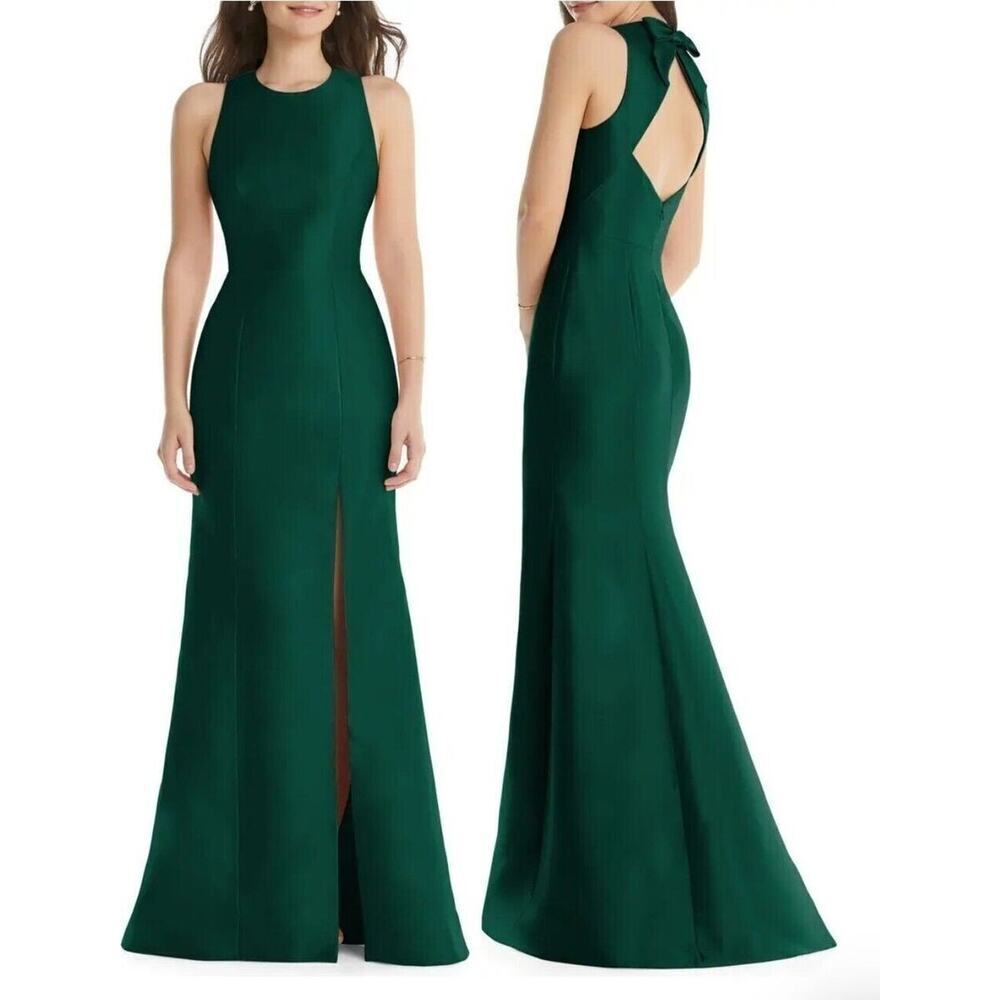 Alfred Sung D824 Hunter‎ Green Jewel Neck Open Back Bow Gown Size 2